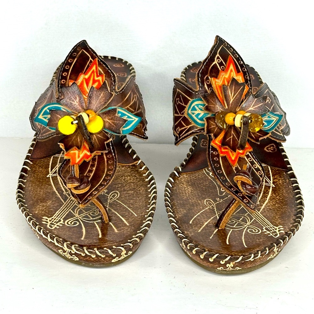 Corkys Bahamas‎ Tooled & Beaded Leather Thong Wedge Floral Sandals Boho Sz 6